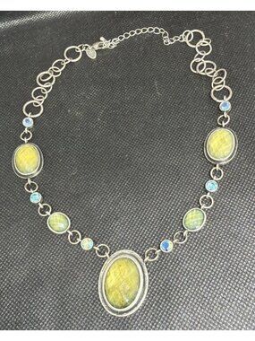 Lia Sophia “Serenity” Matte Silver Necklace Green & Blue Cut Crystals